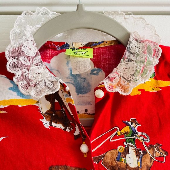 Vintage Western Print Girls Cotton Lace Collar Dress Flaw Size 5 - Picture 6 of 10